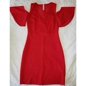Red Bodycon Dress w/ Off-The-Shoulder Sleeves